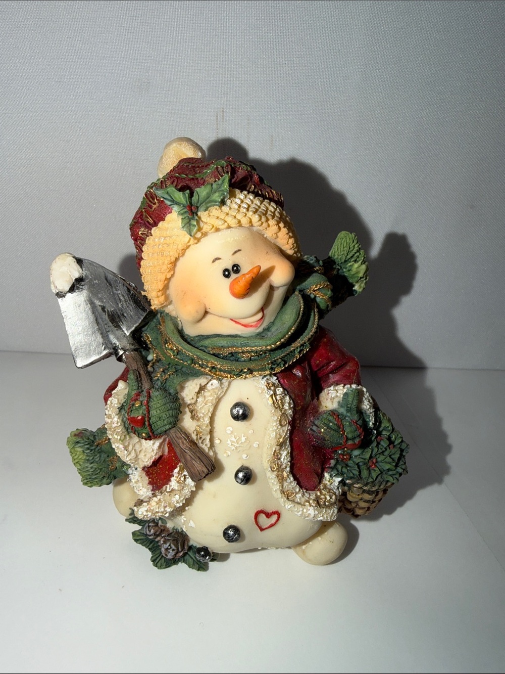 Vintage 2002 Don Mechanic Snow Folk Figurine Snowman Shovel Basket Christmas